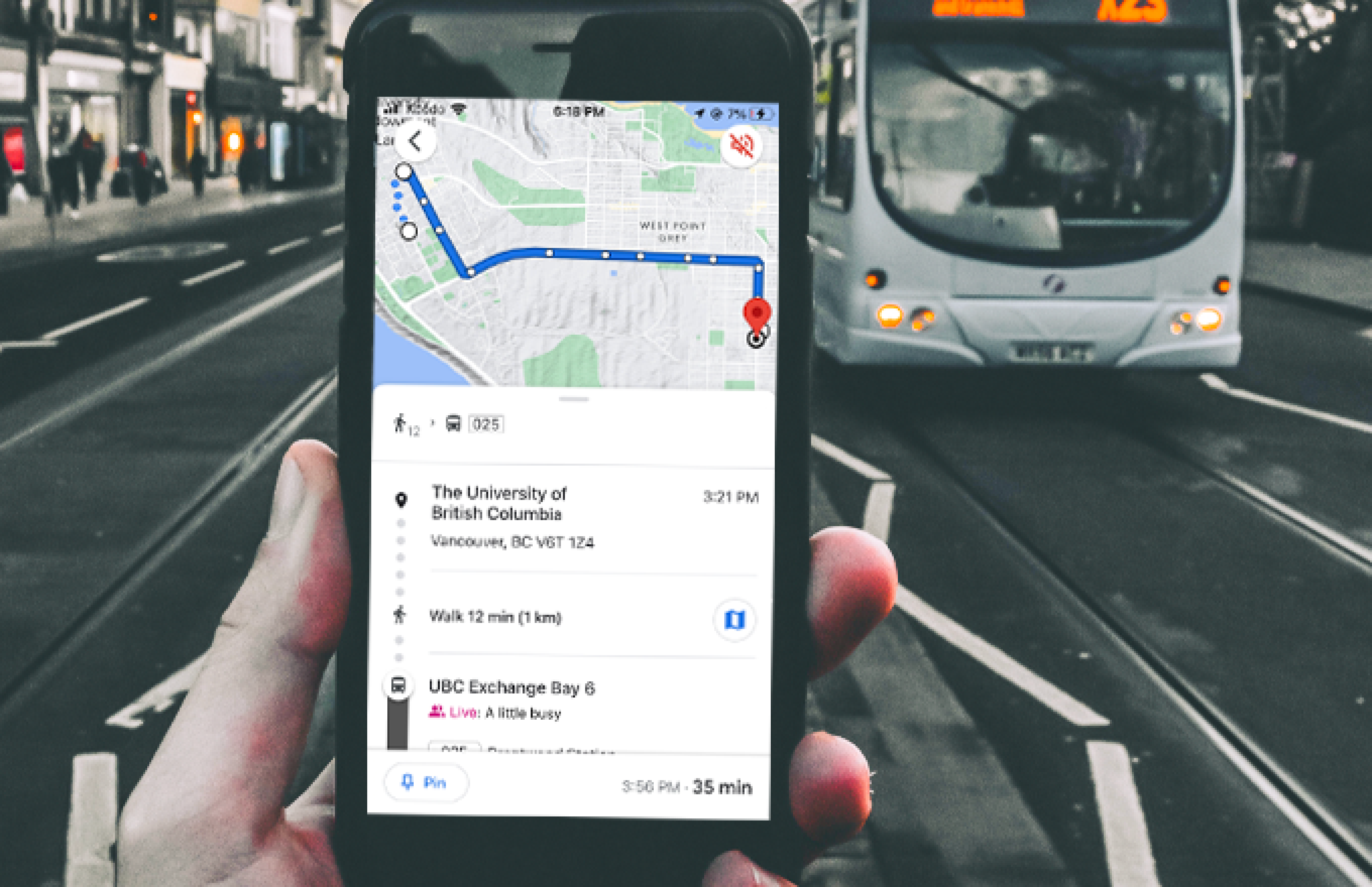 a phone on Google Maps displaying the route to UBC