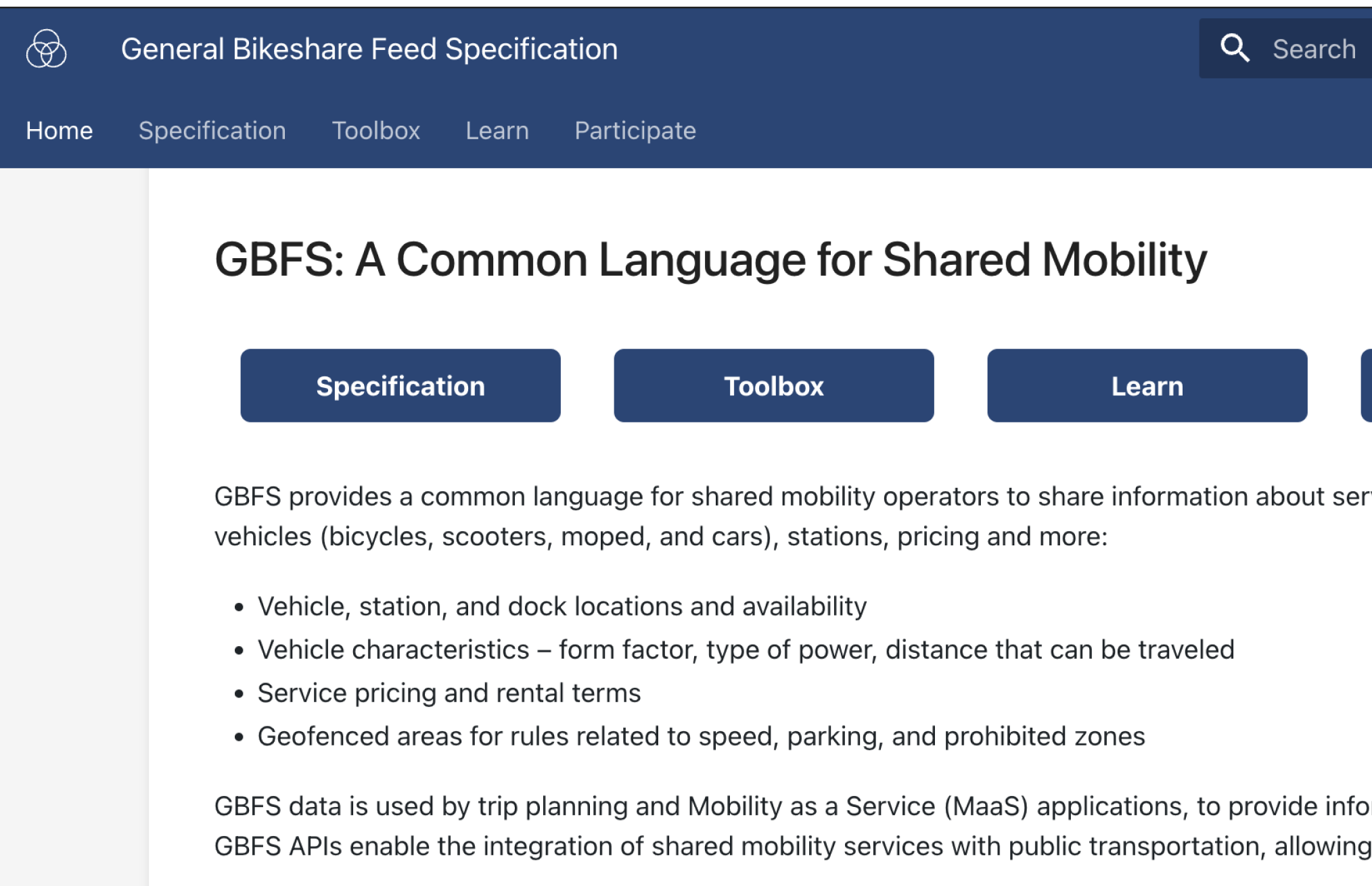 display of GBFS.mobilitydata.org home page